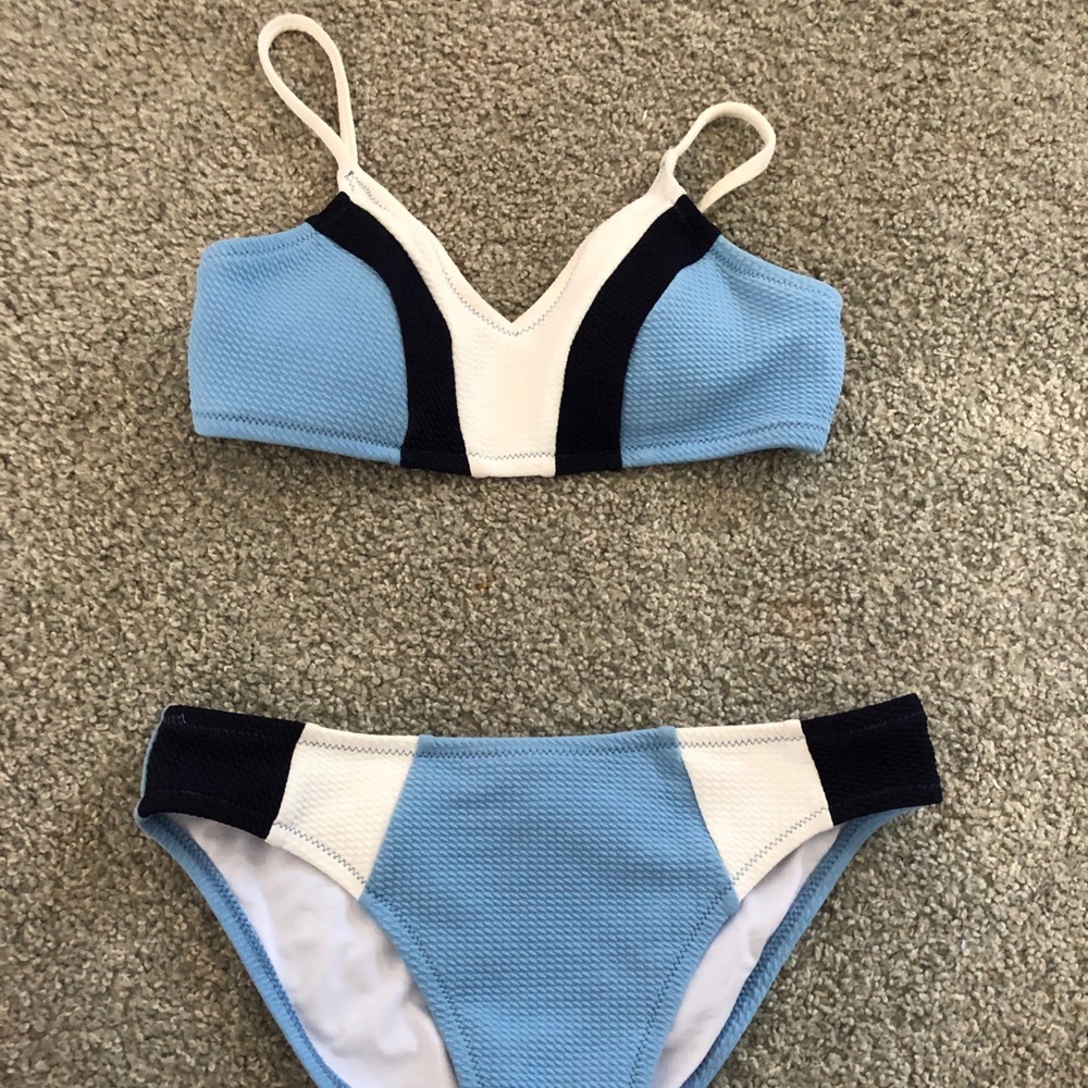 blue patterned bathing suit